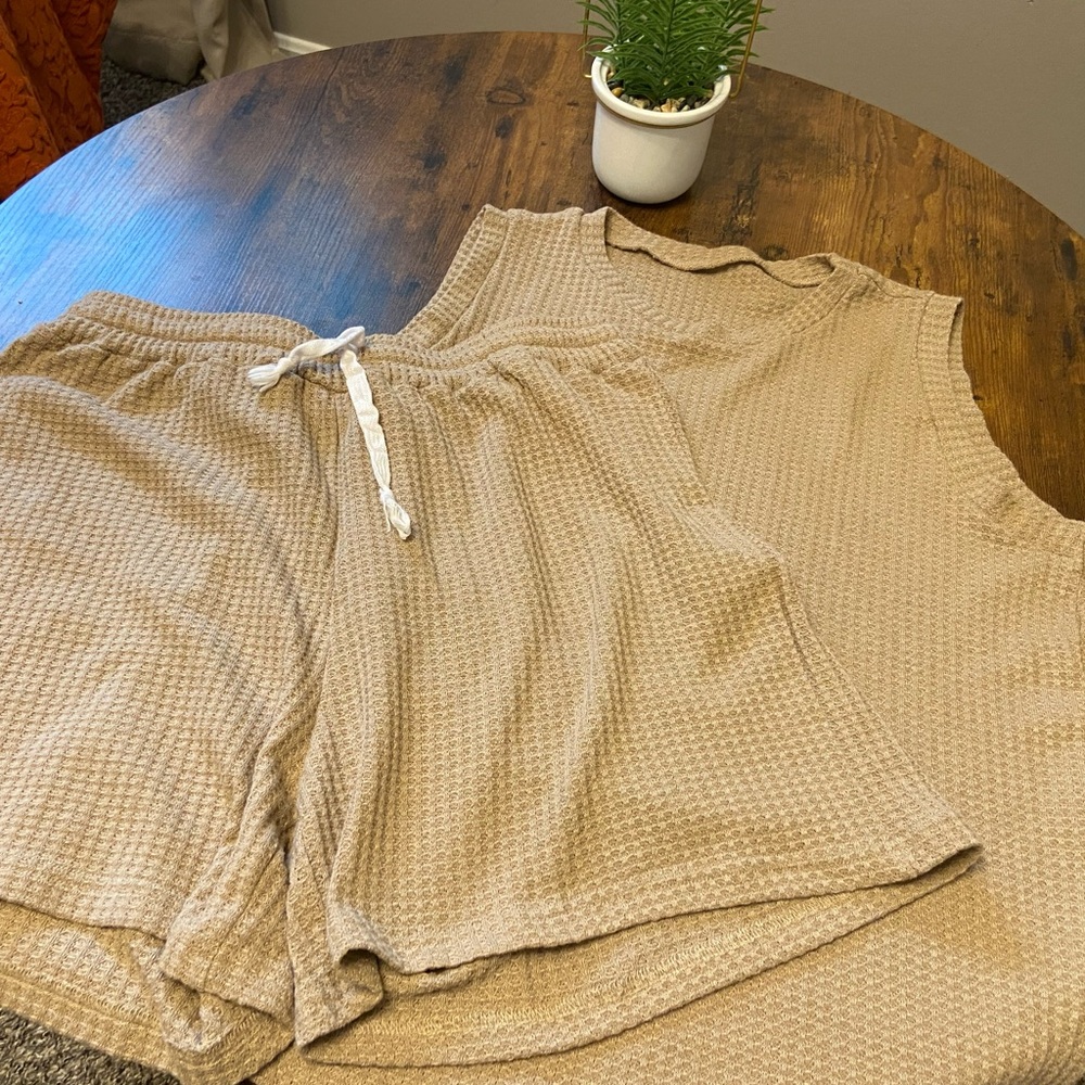 Tan Waffle Knit Tank and Shorts Set